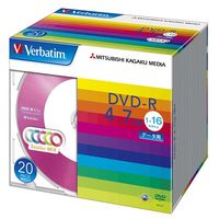 三菱化学メディア Verbatim製 データ用DVD-R 4.7GB 1-16倍速 5色カラーMIX(印刷不可) 5mmケース入り 20枚 (DHR47JM20V1)画像